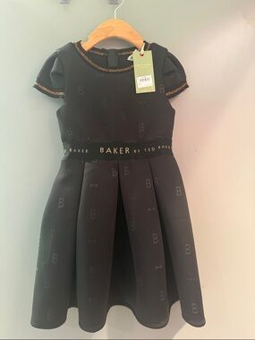 Ted Baker Black Girls' Logo Fit-and-Flare Dress with Gold Trim